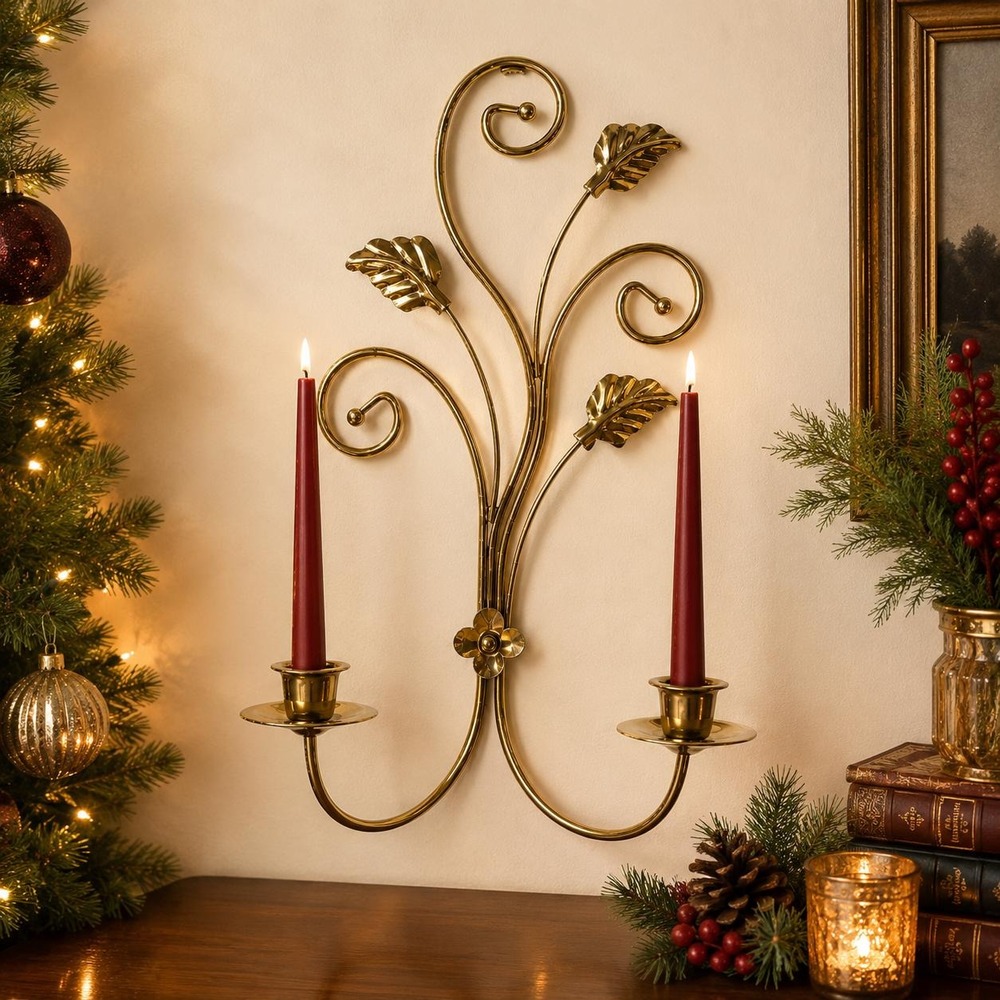 Vintage Brass Wall Sconce Double Candle Holder Leaf Scroll Hollywood Regency